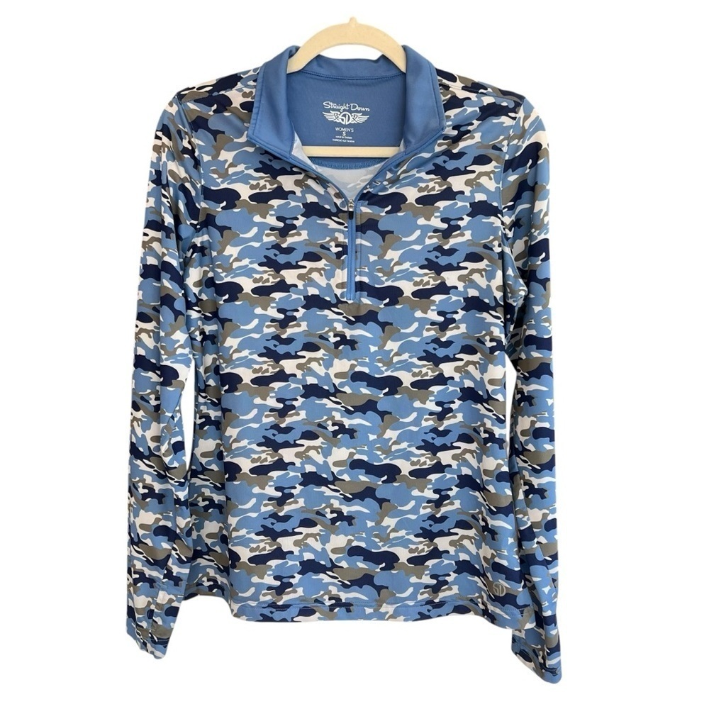 Straight Down Women’s 1/4 Zip Pullover Top Blue Camo Small Golf Tennis Active